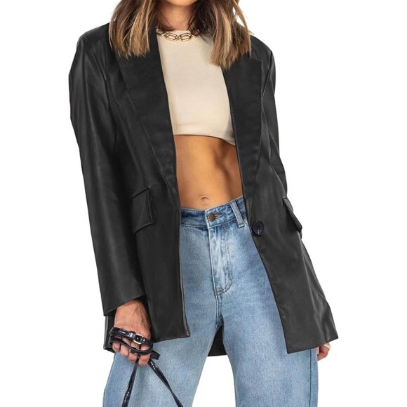 No Brand Jackets & Blazers - ✨Women Black Jacket Long Sleeve Faux Leather Blazer Button Down Shacket Coats